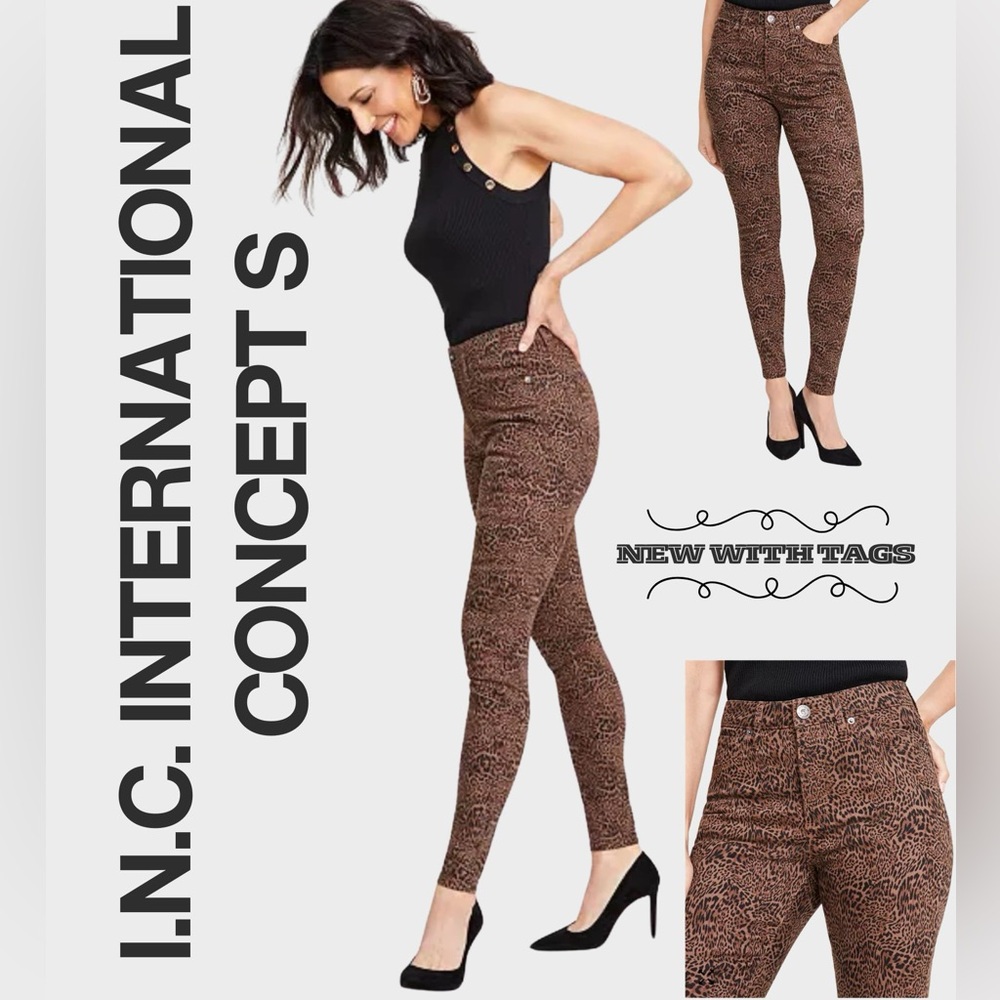 NWT I.N.C. High-Waist Brown animal Print Skinny jeans. Size 8/29.